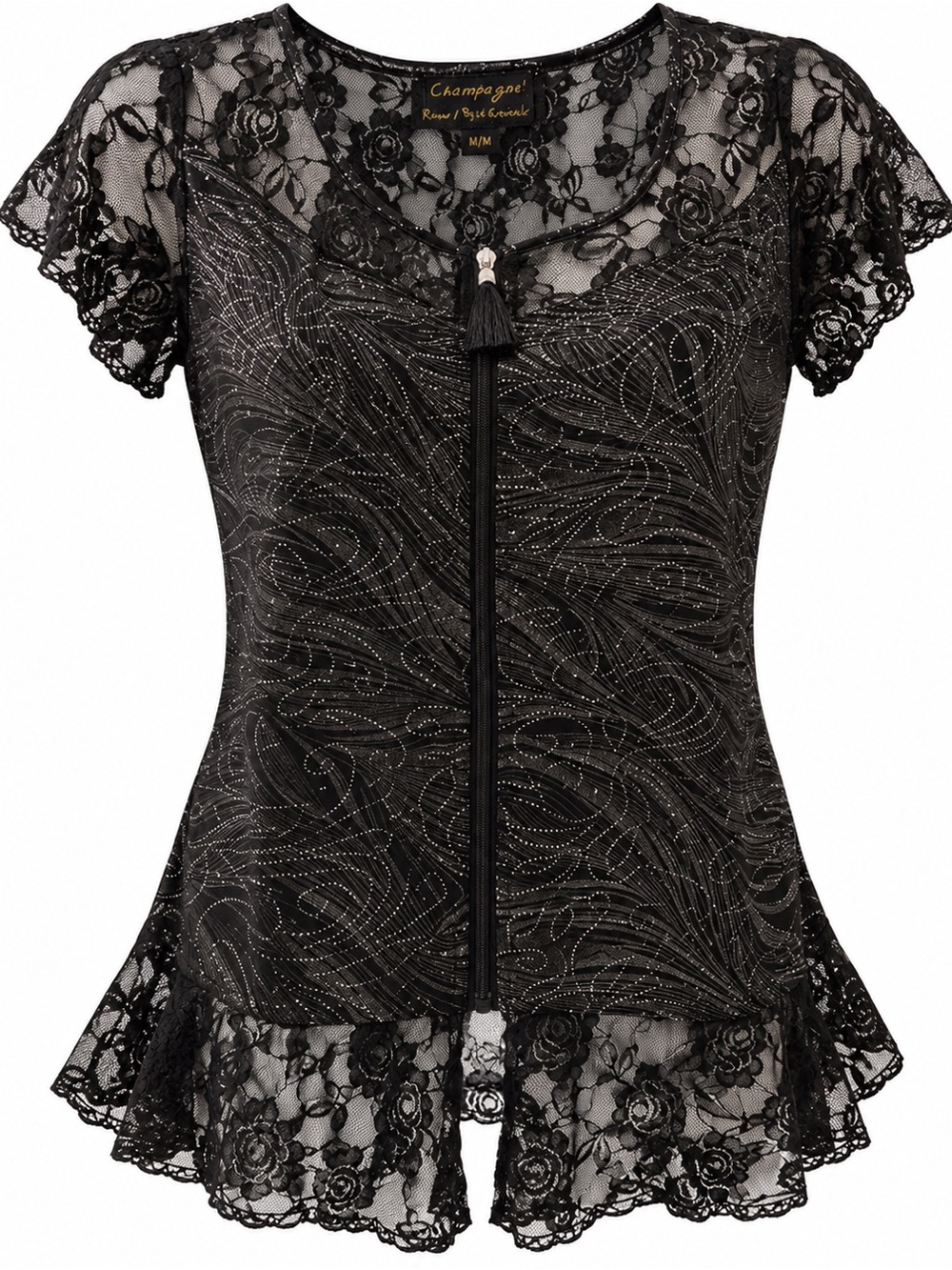 Champagne! By Le Grenier Black Lace Metallic Tunic Top M